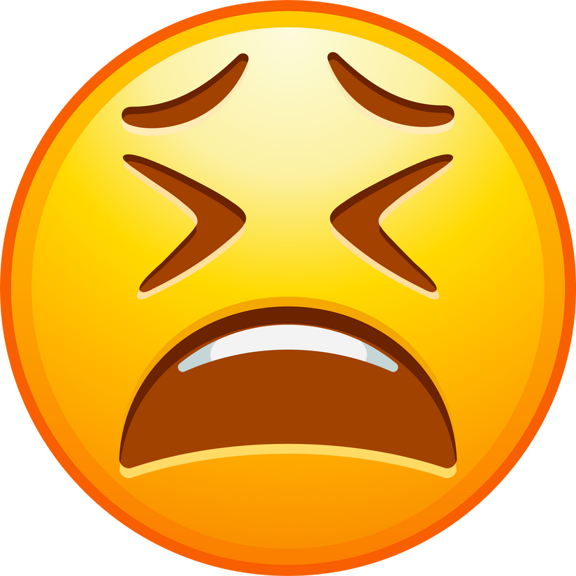 Top quality emoticon. Exhausted emoji. Tired emoticon, yellow face with -shaped scrunched eyes